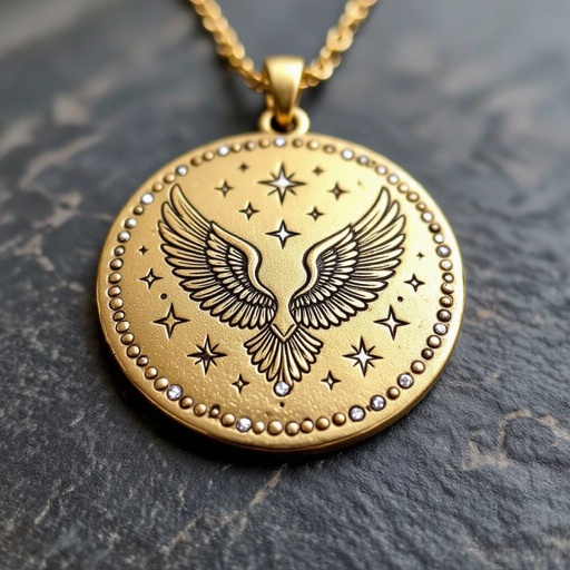 Золотой матовый медальон в форме неровного круга с неровными краями. По краям выпуклые точки сплошной линией. На круге выгравирован ангел без фигуры, видно только крылья и вокруг здездочки и разные узоры и украшен миниатюрными камнями