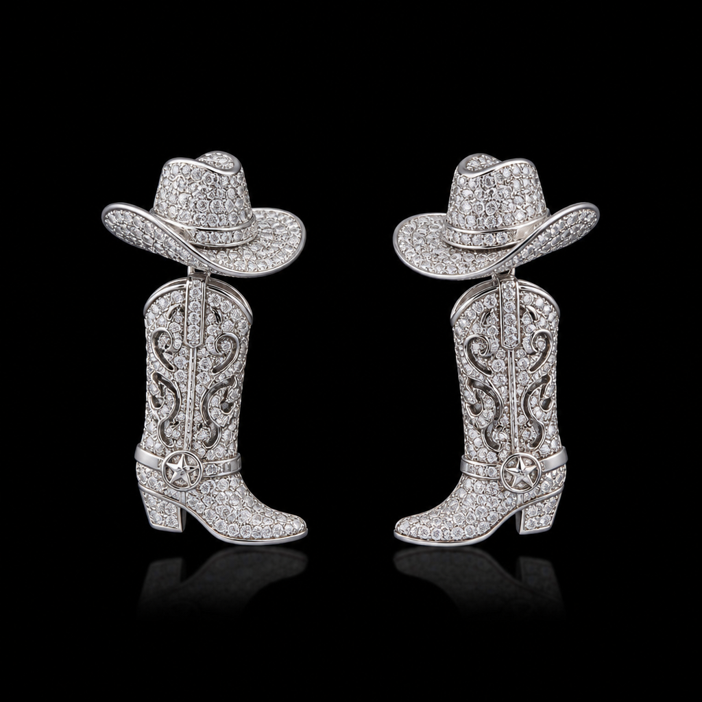 Create me urban cowboy earring using this style
photorealistic jewelry design, Create me urban cowboy earring using this style , diamond style, just the design no text