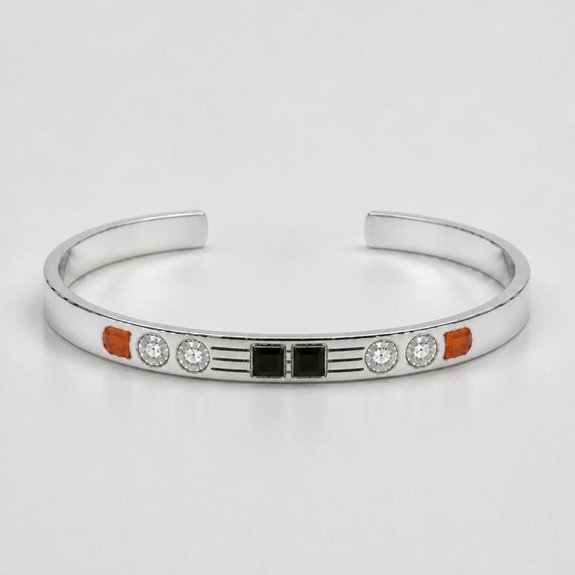 A women's bracelet made of silver. the lines are longer and only between the black stones and clear stones and they are oxidized
using the attached image as a visual reference, create A women's bracelet made of silver. the lines are longer and only between the black stones and clear stones and they are oxidized. photorealistic, just the design no text