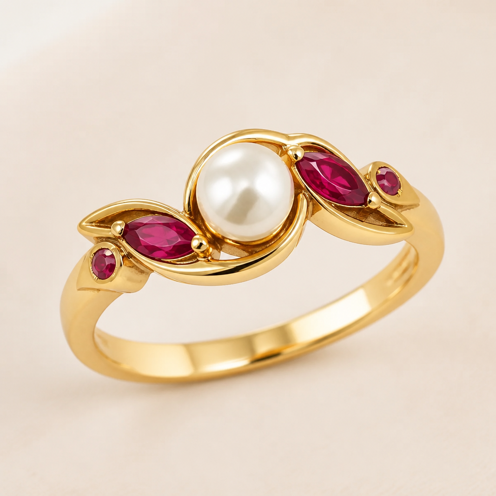 A luxury women's ring made of gold with ruby and pearl stones suitable for daily wear
photorealistic jewelry design, A luxury women's ring made of gold with ruby and pearl stones suitable for daily wear, luxury style, just the design no text