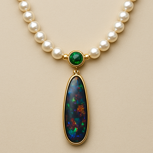 A 48-pearl necklace, with a 5mm green savorite gem with a round cut placed exactly between the two pearls in the middle of the chest, and under this green savorite gem, a black opal with an elongated shape and a size of 24mm x 16mm.2 gems with a yellow 18 carat color are worked.
