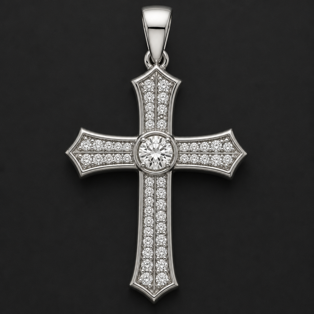 Designer cross and white gold with a 6.9 mm round diamond in the middle and a double row down each cross section with 1.5 mm diamonds in it
photorealistic jewelry design, Designer cross and white gold with a 6.9 mm round diamond in the middle and a double row down each cross section with 1.5 mm diamonds in it
, just the design no text