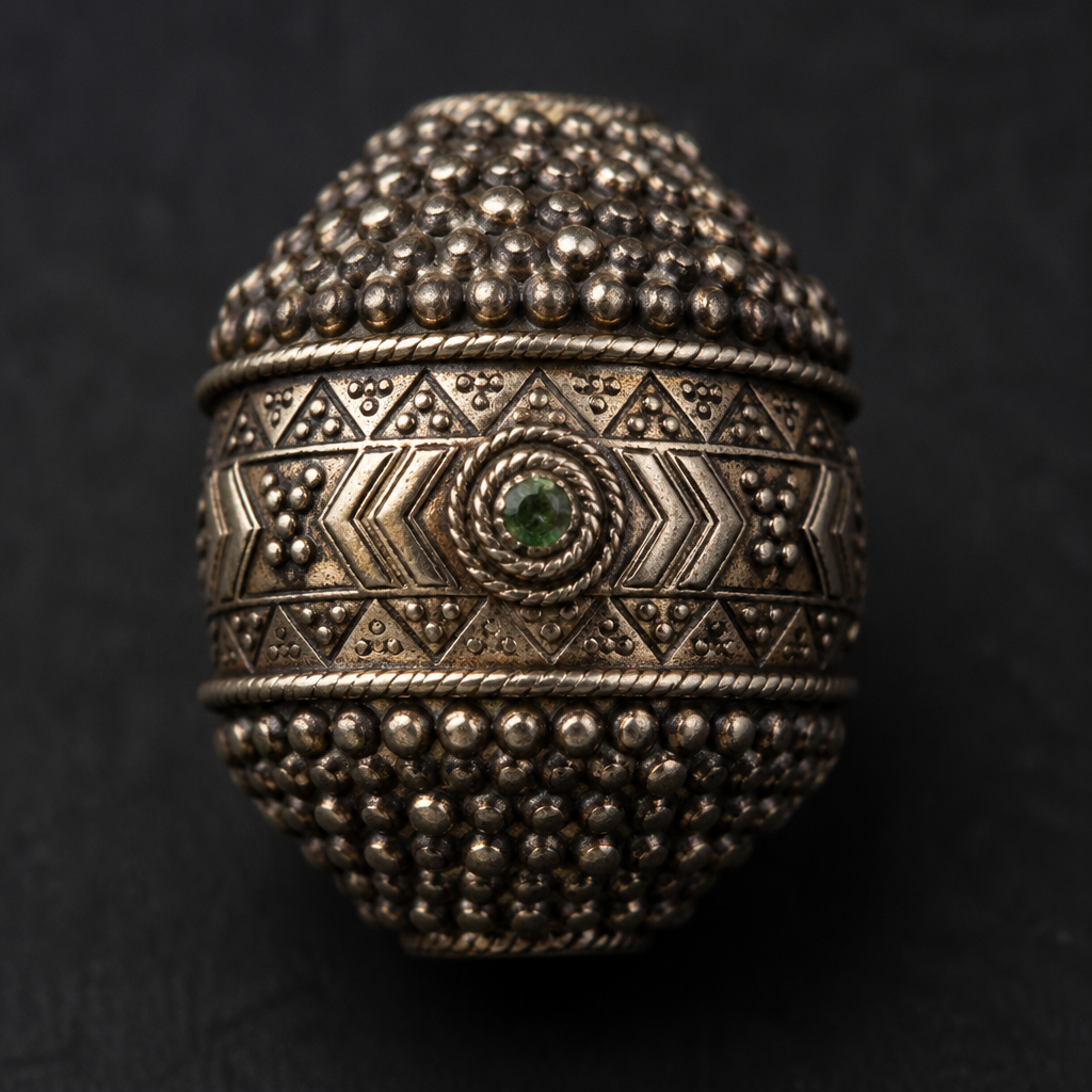 I need a antique look with tribal design with bead on top and bottom , beads should cover the entire top and bottom and small emerald green stone should be there on the centre
photorealistic jewelry design, I need a antique look with tribal design with bead on top and bottom , beads should cover the entire top and bottom and small emerald green stone should be there on the centre
, ethnic style, just the design no text