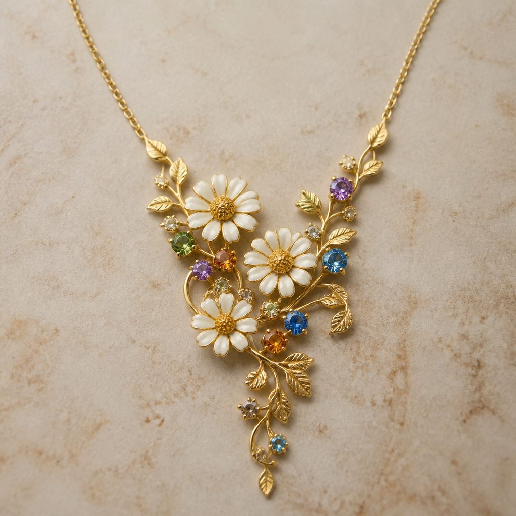 Daisies and colorful diamond with gold bands and leaves necklaces
photorealistic jewelry design, Daisies and colorful diamond with gold bands and leaves necklaces , bohemian style, just the design no text