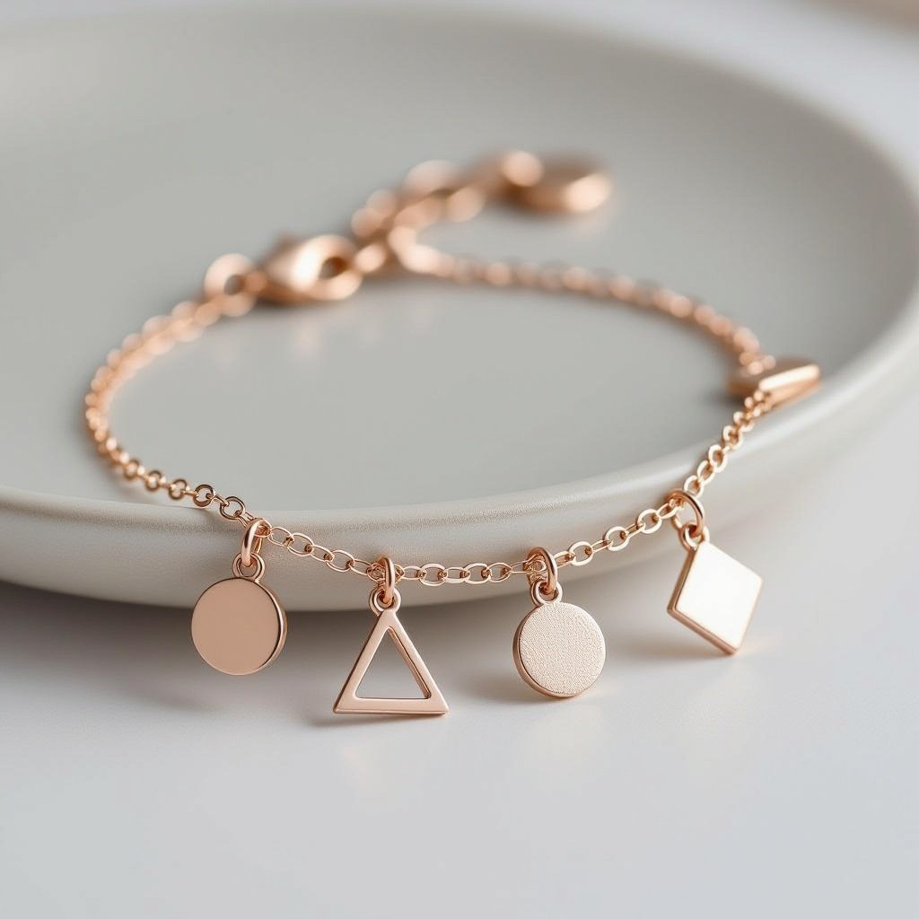 More cute, minimal and rose gold Chain bracelet with geometrical charms hanging