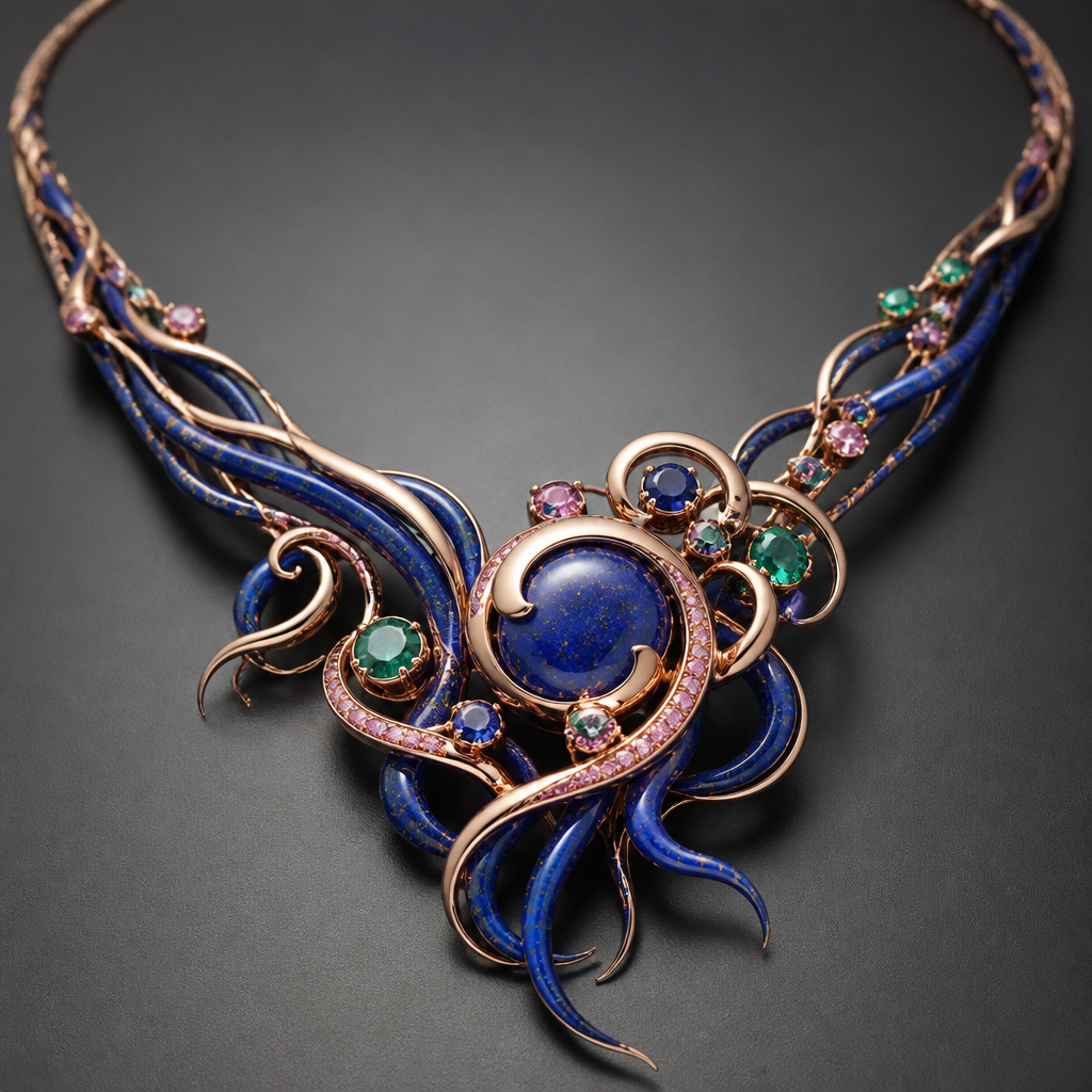 Lapis emerald sapphire pink diamond swirl. With rose gold and stringy lapis lazuli and make it a necklace
photorealistic jewelry design, Lapis emerald sapphire pink diamond swirl. With rose gold and stringy lapis lazuli and make it a necklace , abstract style, just the design no text