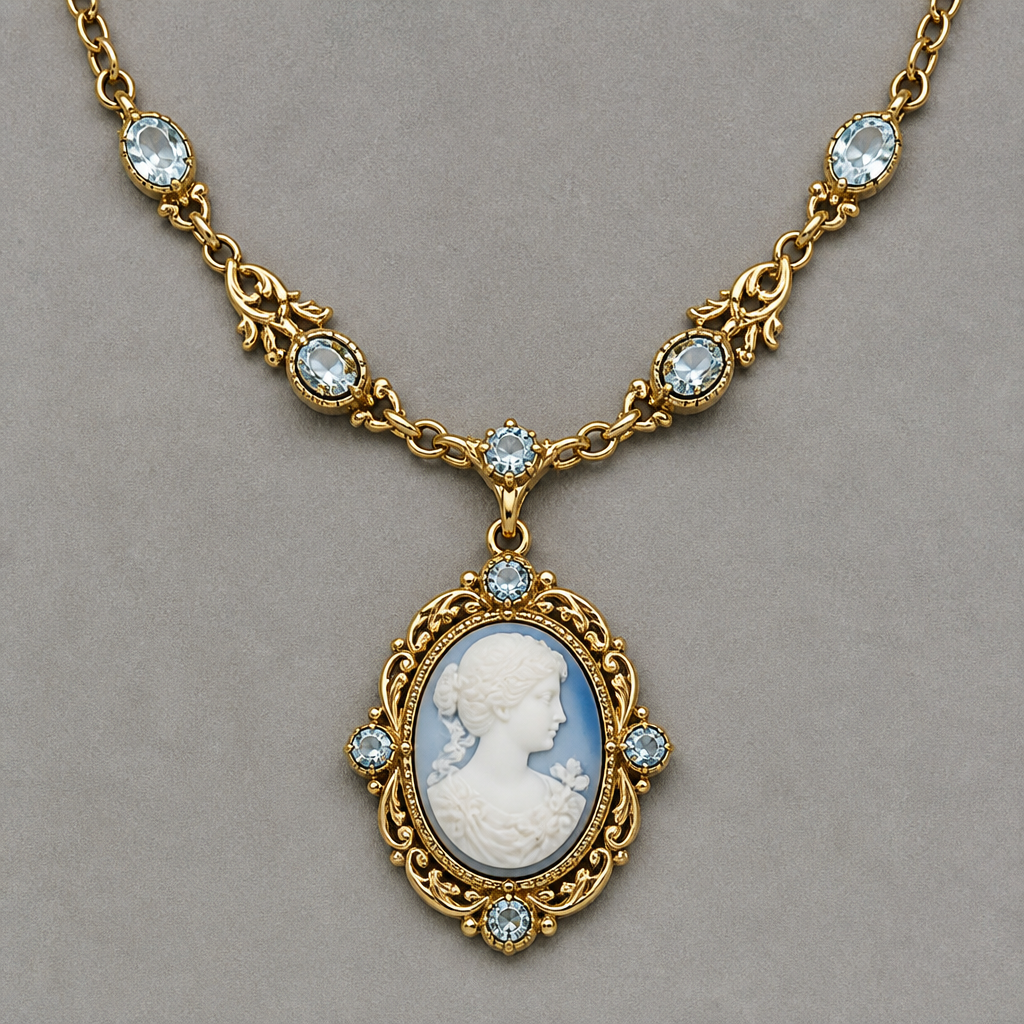 A cameo women's necklace made of gold with aquamarine stones suitable for daily wear, highly ornate, intricate and elaborate, richly detailed. delicado y sencillo
photorealistic jewelry design, A cameo women's necklace made of gold with aquamarine stones suitable for daily wear, highly ornate, intricate and elaborate, richly detailed. delicado y sencillo, cameo style, just the design no text