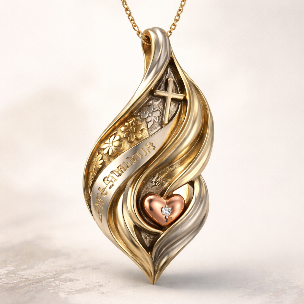 Pendant inspired by a veteran's journey: delicate sculptural curves representing courage and hope, subtle cross symbol for spirituality, Armenian floral and engraved letters, small abstract heart symbolizing love and resilience, artistic minimal style, gold and silver blend, realistic 3D render