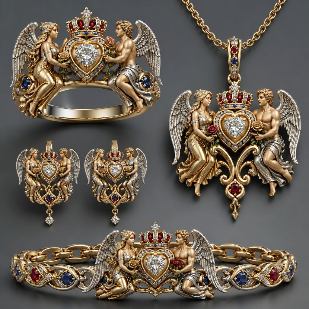 A luxury women's ring made of mixed metal with diamond and ruby and sapphire stones suitable for wedding. An extraordinary beautiful delicate elegant and excellent set of jewelry with a beautiful delicate and elegant ring, two ear rings, a pendant and a bracelet with a heart at the middle and a diamond in the middle of the heart over the heart to be placed a beautiful delicate and elegant queen crown with a diamond in the middle and rubies and sapphires all around the crown, with an extraordinary beautiful delicate and elegant female Angel with a beautiful delicate and elegant face with long hair holding a heart with Her right hand and a rose with Her left hand at the right side of the heart and an extraordinary beautiful delicate and elegant male Angel with an extraordinary beautiful delicate elegant and fit body with a beautiful delicate and elegant face with short hair holding a heart with His right hand and a rose with His left hand at the left side of the heat. Both Angels to be placed to all the items of the set. The Angels to be adult Angels at all the items of the set. The crown to be placed on the heart.