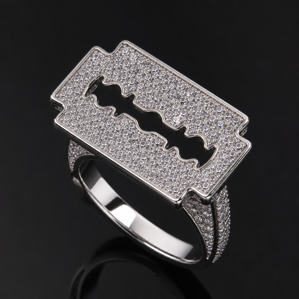 A women's ring. razor blade iced out
photorealistic jewelry design, A women's ring. razor blade iced out, modern style, just the design no text