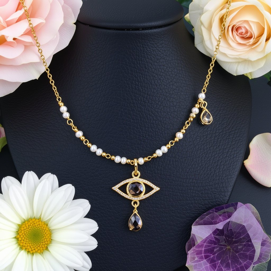 Тонкая цепочка с золотыми шариками и мелкими жемчужными камушками на цепочке есть кулон в форме глаза, зрачок глаза из раухтопаза от глаза идет маленькая подвеска с маленьким камушком 