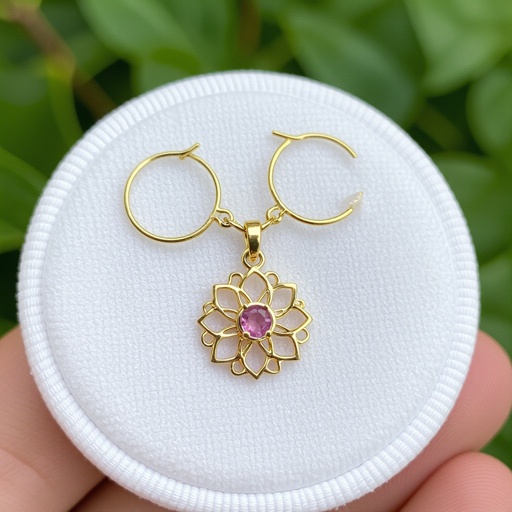 Серьги небольшие кольца, подвеска в виде золотого лотоса шестью лепестками с маленьким розовым кварцем по центру