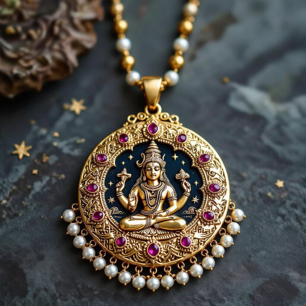 Кулон на длинной цепочке. Матовое светлое золото. В цепочке небольшие золотые шарики и розовые камушки и жемчуга. Кулон в форме неровного мятого круга. На круге изображен бог шива. Круг украшен лотосами звездами волнами узорами