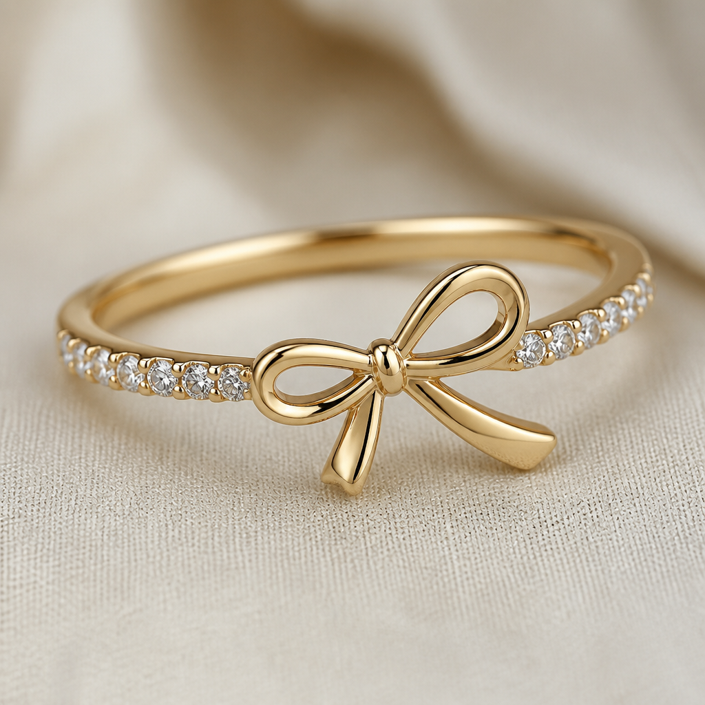 A minimalist women's ring made of gold with diamond stones suitable for gift, detailed and decorative, moderately ornate. ring with the aesthetic ribbon design and the ribbon is tilting to right a bit. the ring go around the ribbon not under the ribbon. the ribbon is tie like a knot and the the ribbon have two loops. the gemstone is place around the ring but not fully and at the ribbon doesn't have a gemstone . gemstone is in small size
photorealistic jewelry design, A minimalist women's ring made of gold with diamond stones suitable for gift, detailed and decorative, moderately ornate. ring with the aesthetic ribbon design and the ribbon is tilting to right a bit. the ring go around the ribbon not under the ribbon. the ribbon is tie like a knot and the the ribbon have two loops. the gemstone is place around the ring but not fully and at the ribbon doesn't have a gemstone . gemstone is in small size, minimalist style, just the design no text