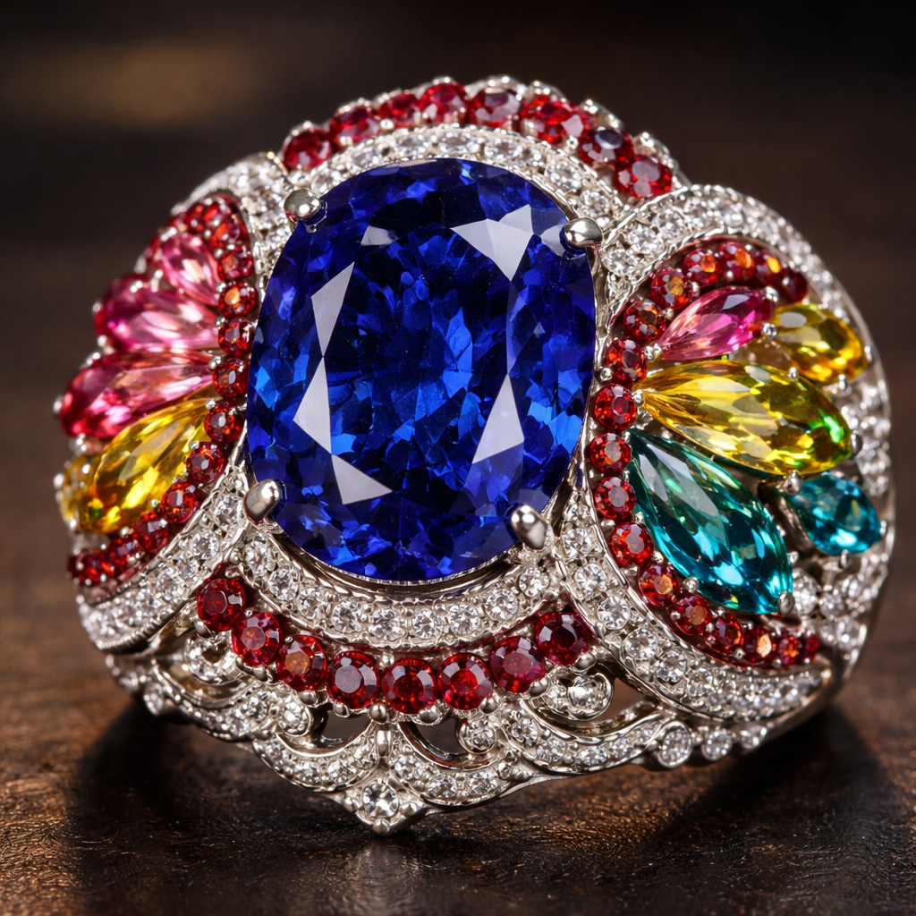 I would like a royal blue sapphire with rainbow Turmaline on the side together and controlled with red sparkling rubies
I would like a royal blue sapphire with rainbow Turmaline on the side together and controlled with red sparkling rubies, royal style