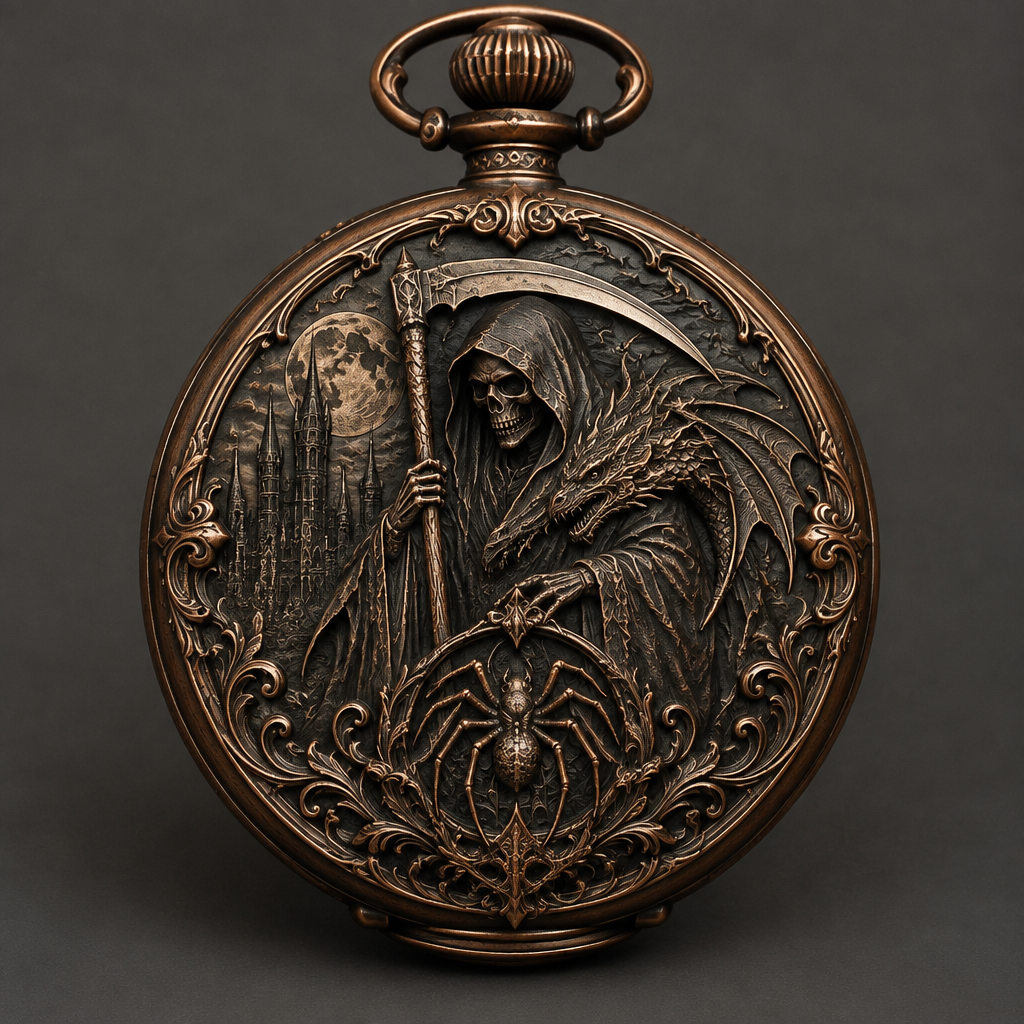 A victorian men's watch made of copper suitable for daily wear. a reaper with a dragon coat and a spider
photorealistic jewelry design, A victorian men's watch made of copper suitable for daily wear. a reaper with a dragon coat and a spider, victorian style, just the design no text