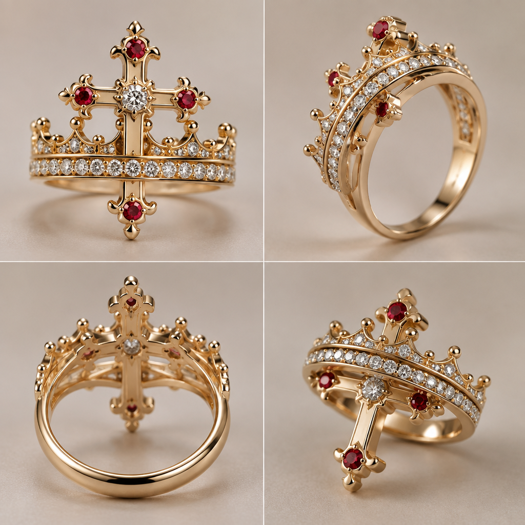 A women's ring. a gold cross with a diamond in the middle and three little rubies in every point, and a moveable gold crown with the words he is with you and little diamonds all around and it can spin. on the other side of the cross is the Bible verse 1 Peter 5:7
photorealistic jewelry design, A women's ring. a gold cross with a diamond in the middle and three little rubies in every point, and a moveable gold crown with the words he is with you and little diamonds all around and it can spin. on the other side of the cross is the Bible verse 1 Peter 5:7, modern style, just the design no text