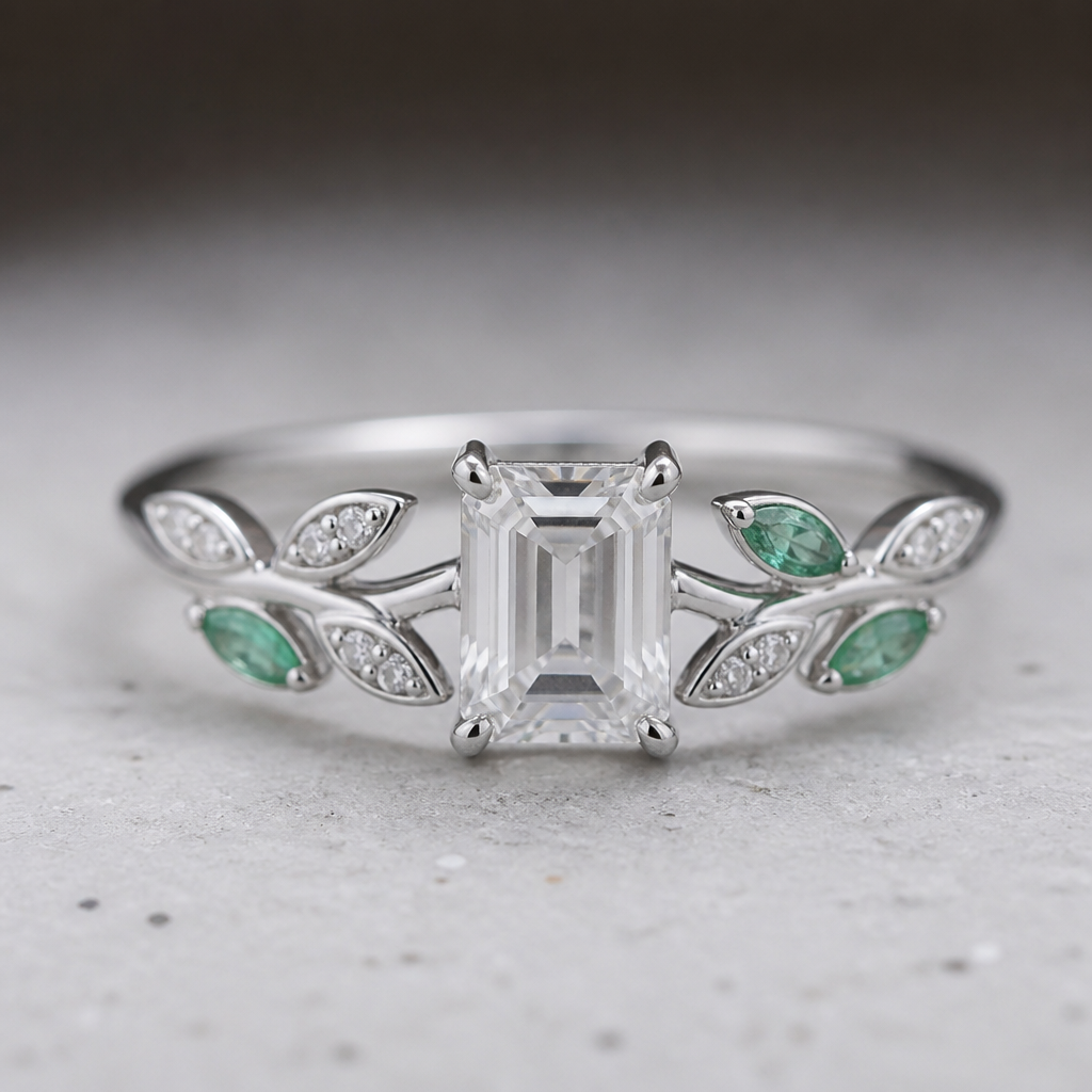 A nature women's ring made of white gold with diamond and emerald stones suitable for daily wear, minimalist, simple and delicate, clean lines. a ring made with an old emerald cut diamond
photorealistic jewelry design, A nature women's ring made of white gold with diamond and emerald stones suitable for daily wear, minimalist, simple and delicate, clean lines. a ring made with an old emerald cut diamond, nature_inspired style, just the design no text