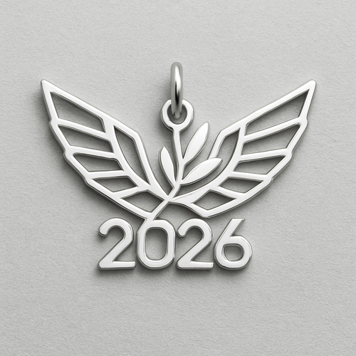 Silver cut-out charm blending together only the two spread out wings of a bird, an olive branch and  along year 2026