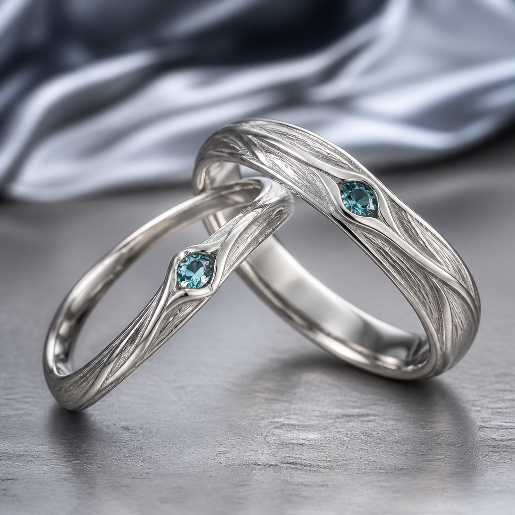 A women's ring. практичные обручальные кольца из белого золота,с 6еобычной текстурой дерева,фактурой ветвей воды/волн и тонкие,но что бы поместилась гравировка,кольцо мужчины должно быть чуть шире женского.иметь небольшой камень зелено-голубого или голубого цвета,необычные уходя в стиль эльфов и роскоши
photorealistic jewelry design, A women's ring. практичные обручальные кольца из белого золота,с 6еобычной текстурой дерева,фактурой ветвей воды/волн и тонкие,но что бы поместилась гравировка,кольцо мужчины должно быть чуть шире женского.иметь небольшой камень зелено-голубого или голубого цвета,необычные уходя в стиль эльфов и роскоши, modern style, just the design no text