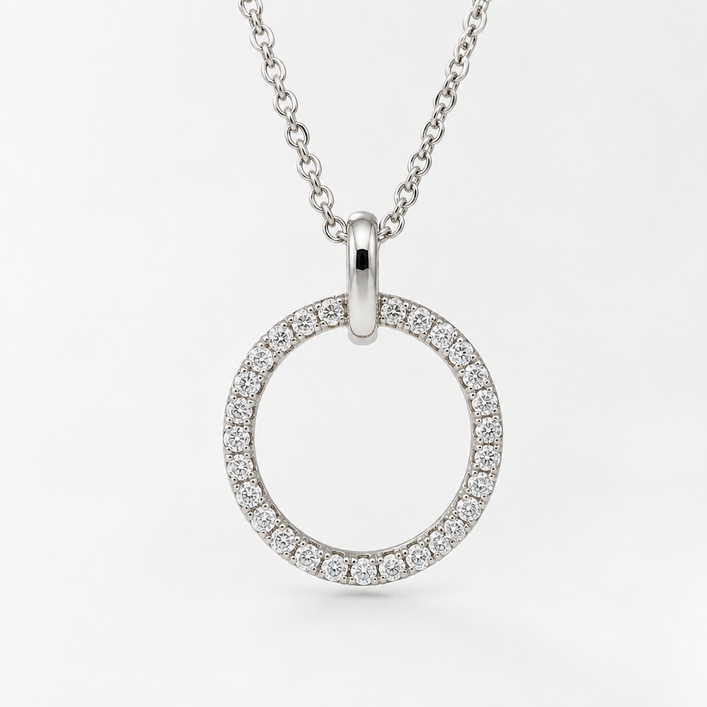 A modern women's pendant made of white gold with diamond stones suitable for daily wear. cost 300$, circle design,
photorealistic jewelry design, A modern women's pendant made of white gold with diamond stones suitable for daily wear. cost 300$, circle design,, modern style, just the design no text