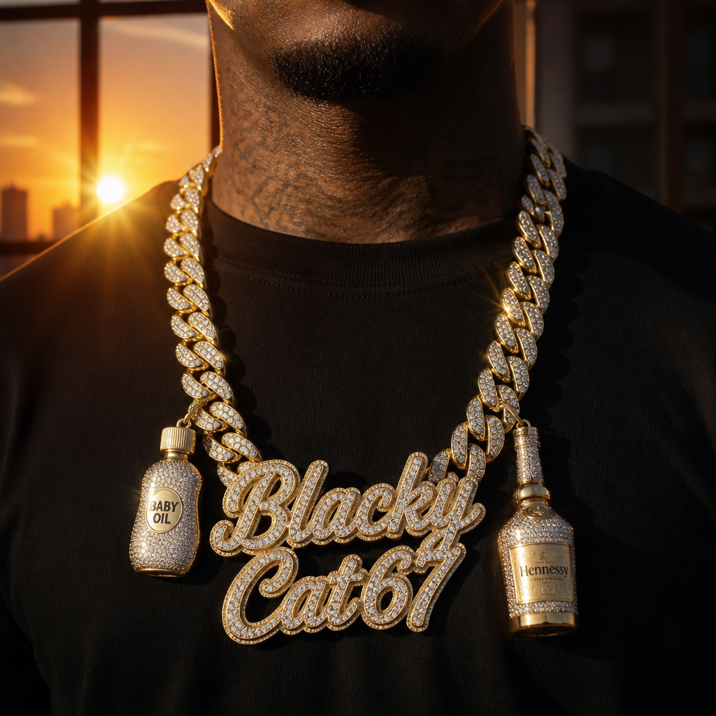A men's necklace made of gold with diamond stones. make him wearing a realistic gangster rapper chain made of diamonds in gold with "Blacky Cat67" written on it in diamonds, with a tiny bottle of baby oil on the left made of diamonds and gold and a bottle of alcohol made of gold and diamonds on the right, make it realistic with cool lighting, and make it high quality with Diamonds shining in the sun, and add a sunset out the window
photorealistic jewelry design, A men's necklace made of gold with diamond stones. make him wearing a realistic gangster rapper chain made of diamonds in gold with "Blacky Cat67" written on it in diamonds, with a tiny bottle of baby oil on the left made of diamonds and gold and a bottle of alcohol made of gold and diamonds on the right, make it realistic with cool lighting, and make it high quality with Diamonds shining in the sun, and add a sunset out the window, modern style, just the design no text