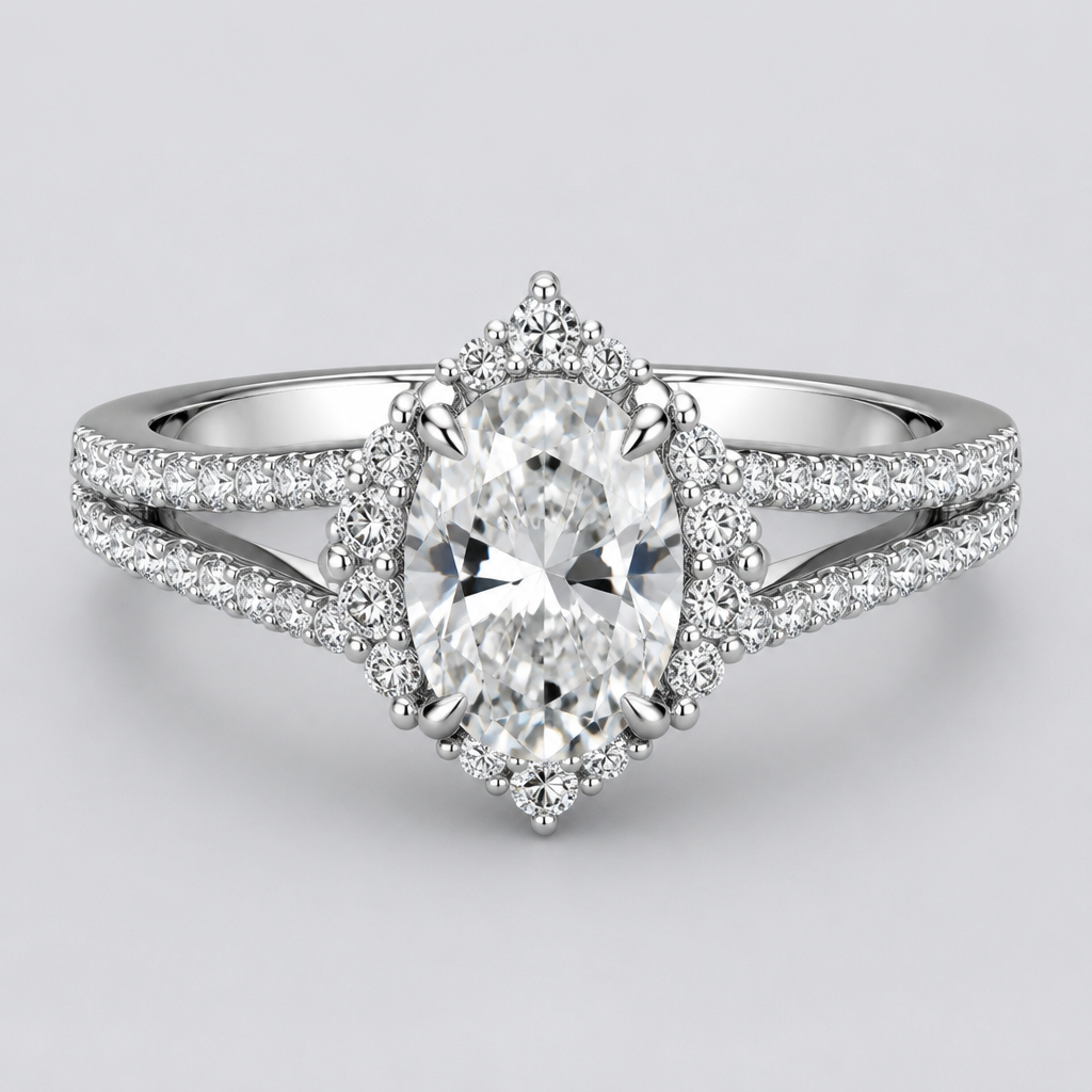 Oval diamond ring with halo side stones on four sides split at each centre stone prong
photorealistic jewelry design, Oval diamond ring with halo side stones on four sides split at each centre stone prong, classic style, just the design no text