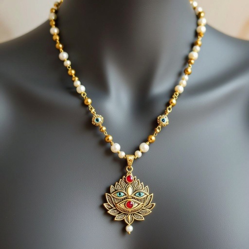 Кулон на длинной цепочке. Матовое светлое золото. В цепочке небольшие золотые шарики и жемчуг. Кулон в виде двух глаз над ними лотос с маленьким красным камнем внутри узоры завитушки 