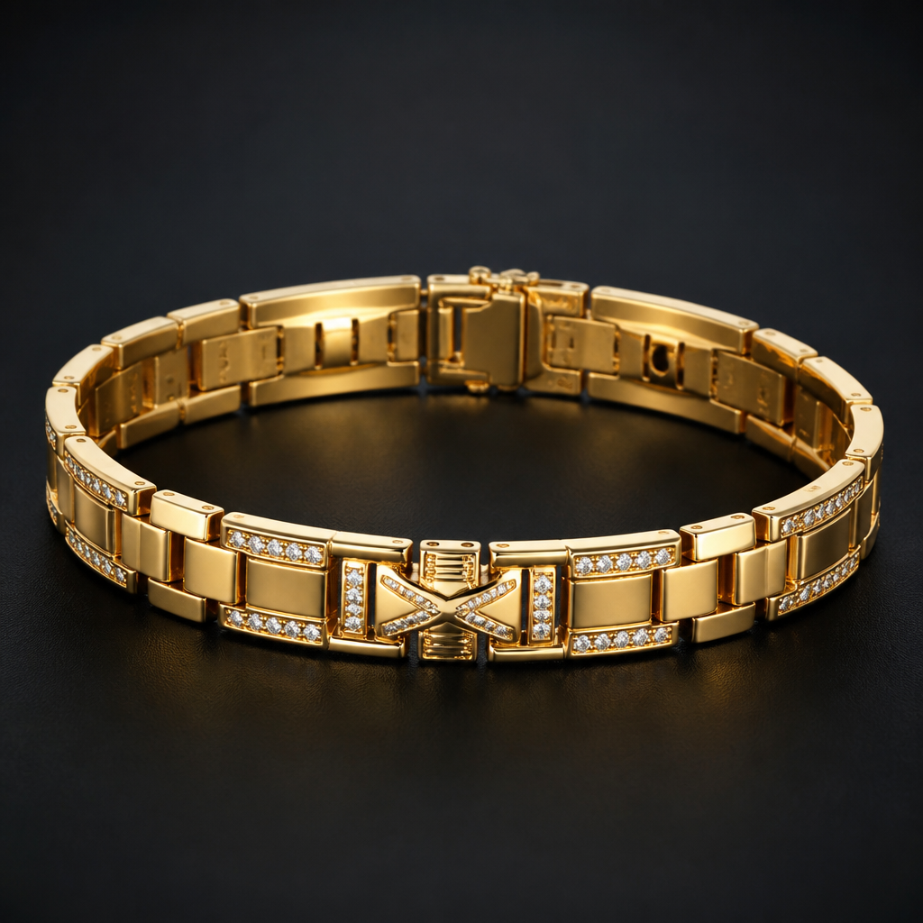 A classic men's bracelet made of gold with diamond stones suitable for formal, detailed and decorative, moderately ornate
photorealistic jewelry design, A classic men's bracelet made of gold with diamond stones suitable for formal, detailed and decorative, moderately ornate, classic style, just the design no text