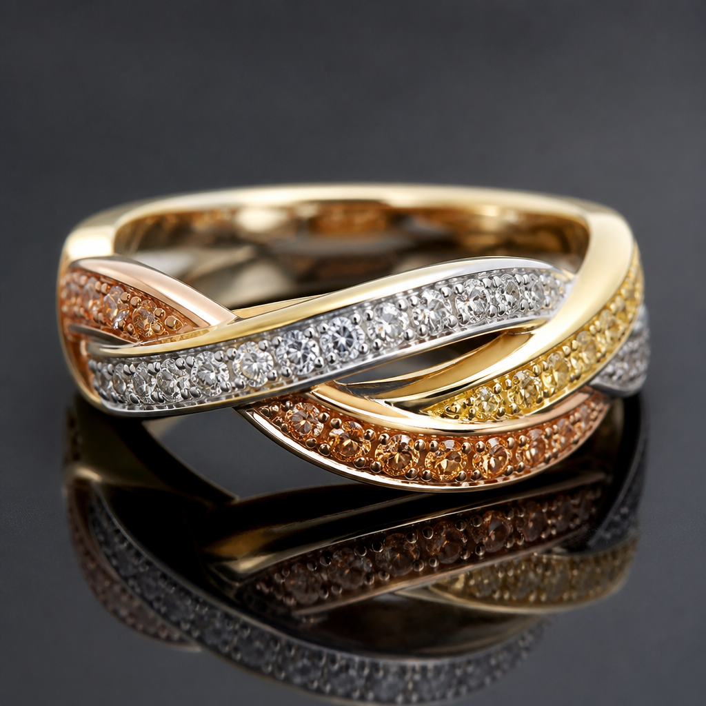 A women's ring. quero um anel trançado tricolor com encaixe nas laterais com pedras nas três cores
photorealistic jewelry design, A women's ring. quero um anel trançado tricolor com encaixe nas laterais com pedras nas três cores, modern style, just the design no text