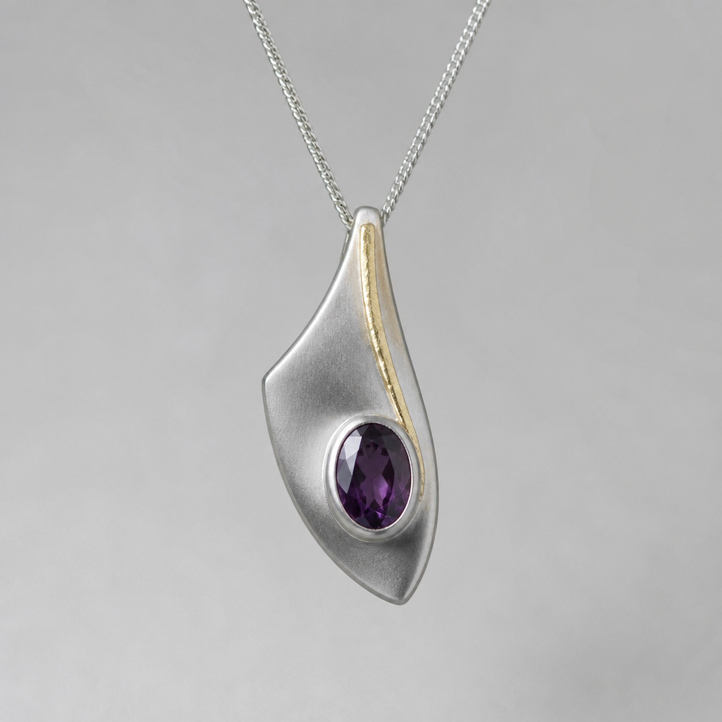 A contemporary women's pendant made of silver with sapphire stones. an elegant yet simplistic pendant with an oval purple saphire a satin finish on the silver and a very small touch of gold and/or a small contrast in the finish of the silver like a hammered or other
photorealistic jewelry design, A contemporary women's pendant made of silver with sapphire stones. an elegant yet simplistic pendant with an oval purple saphire a satin finish on the silver and a very small touch of gold and/or a small contrast in the finish of the silver like a hammered or other, contemporary style, just the design no text