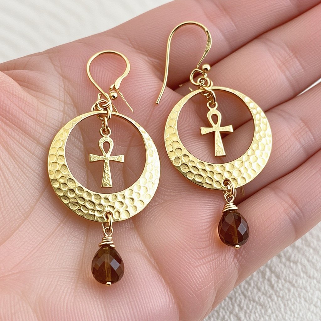 Золотые серьги словно мятое золото в форме узкого изящного полумесяца. Верхушка полумесяца крепится к застежке серьги. К нижней части полумесяца крепятся три подвески: миниатюрный золотой египетриский крест, очень маленький кристалл раухтопаза и маленький золотой кружочек с мятым эффектом плоский