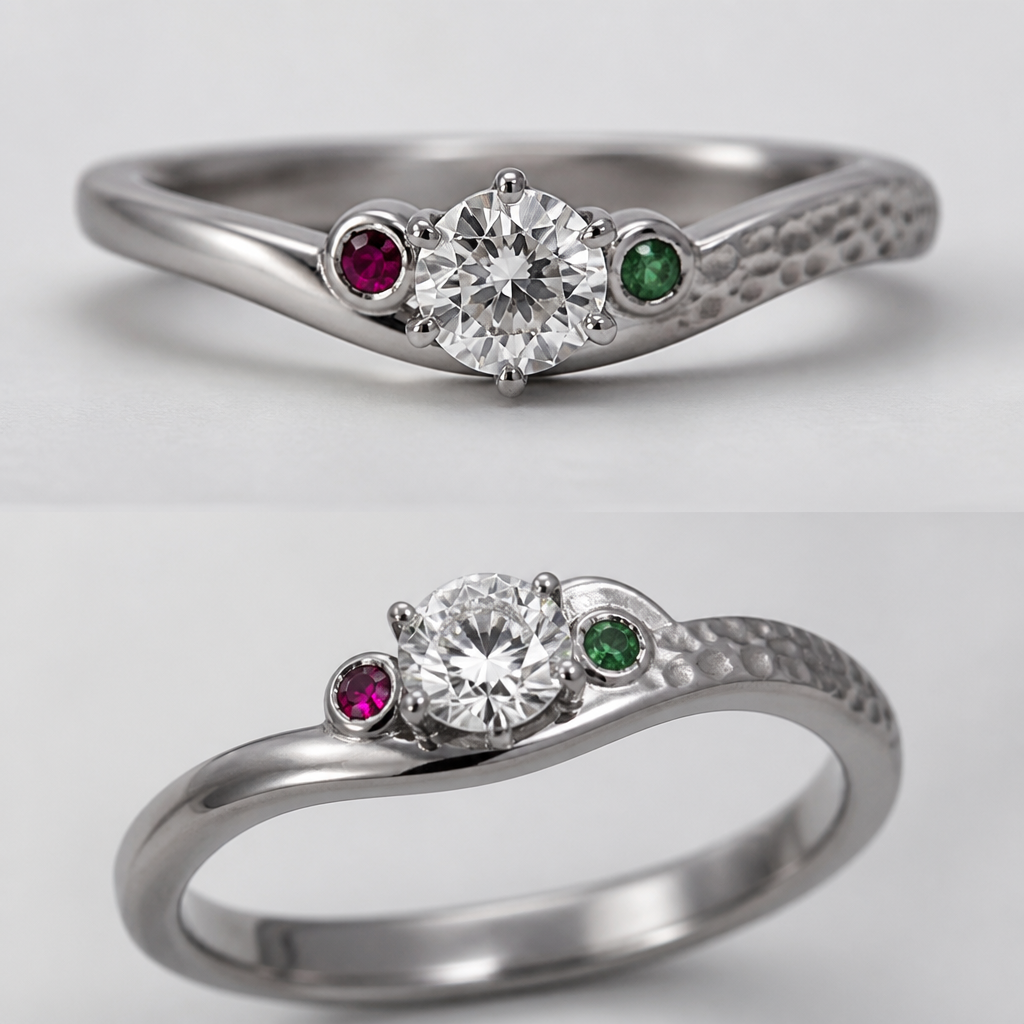 A women's ring made of platinum with diamond and ruby and emerald stones suitable for gift. a ring made from titanium which is classic in design but takes inspiration from the ring in the reference photo which has a slight wavy quality and has a subtle hammered texture to part of it. The main stone should be in the centre and diamond. There should be subtle inclusion of ruby and emerald to signify the unity of two people, and they are their birthstones
photorealistic jewelry design, A women's ring made of platinum with diamond and ruby and emerald stones suitable for gift. a ring made from titanium which is classic in design but takes inspiration from the ring in the reference photo which has a slight wavy quality and has a subtle hammered texture to part of it. The main stone should be in the centre and diamond. There should be subtle inclusion of ruby and emerald to signify the unity of two people, and they are their birthstones, modern style, just the design no text
