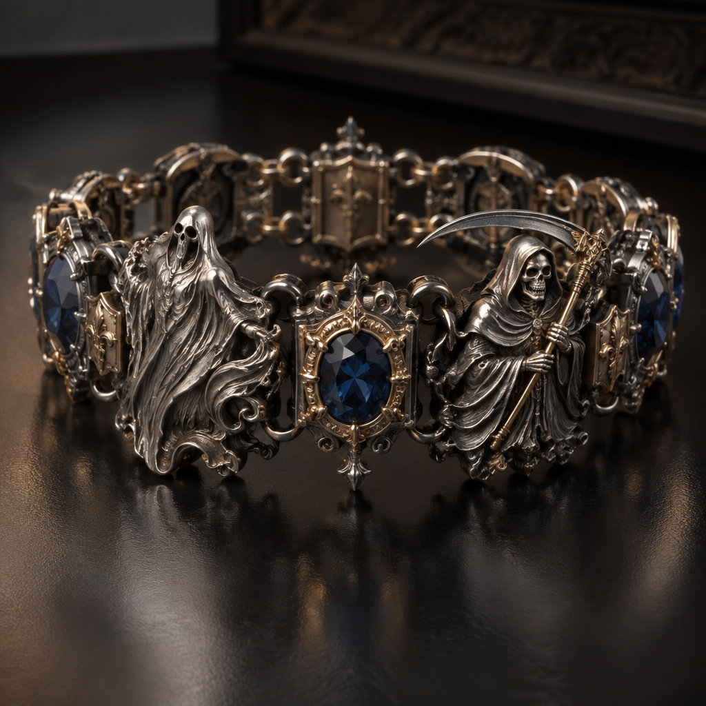 A victorian men's bracelet made of mixed metal with sapphire stones suitable for formal. a ghost and a reaper
photorealistic jewelry design, A victorian men's bracelet made of mixed metal with sapphire stones suitable for formal. a ghost and a reaper, victorian style, just the design no text