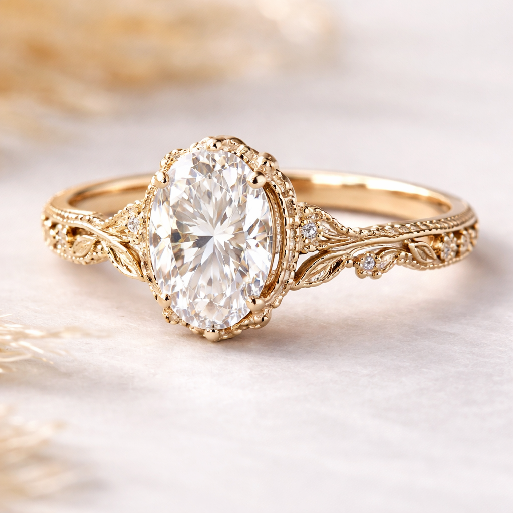 Gold vintage engagement ring oval diamond with a hidden halo connected by a basket and a thin leaf eternity band and floral and art deco elements
