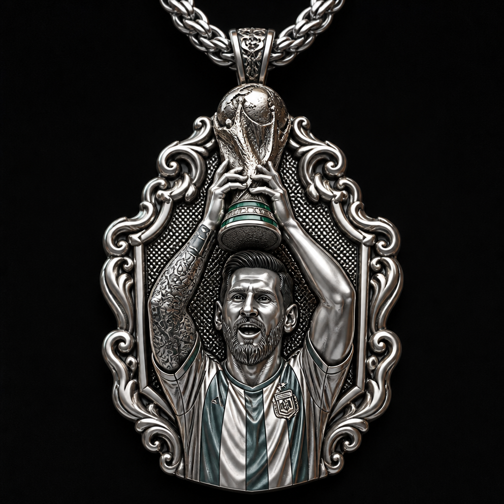 A chain men's pendant made of silver, detailed and decorative, moderately ornate. un colgante para cadena gruesa de messi levantando la copa mundial 2022 con la camisa de Argentina con trazos verdes en la copa celebrando
photorealistic jewelry design, A chain men's pendant made of silver, detailed and decorative, moderately ornate. un colgante para cadena gruesa de messi levantando la copa mundial 2022 con la camisa de Argentina con trazos verdes en la copa celebrando, chain style, just the design no text