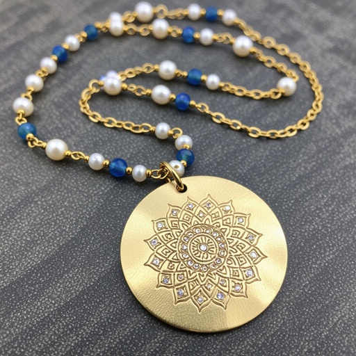Кулон на длинной цепочке. Матовое светлое золото. В цепочке небольшие золотые шарики и синие камушки и жемчуга. Кулон в форме неровного мятого круга. На круге изображена мандала украшена узорами и мелкими камушками 