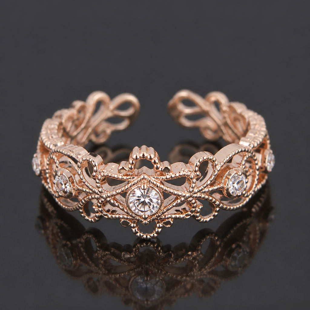 繊細なクラシカルレースのようなデザインのオープンリング
photorealistic jewelry design, 繊細なクラシカルレースのようなデザインのオープンリング, victorian style, just the design no text