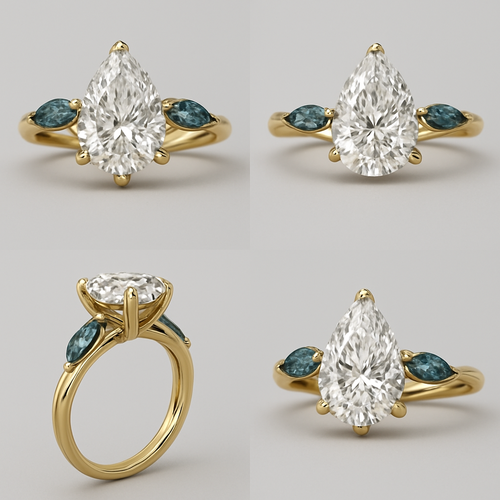 2 carat pear cut diamond with with claw prongs and marquise shaped alexandrite side stones set in a yellow twisted band from all angles 