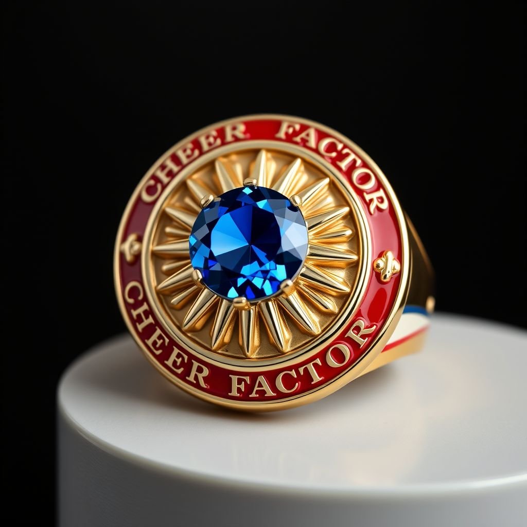 Red white and blue medal ring that says cheer factor