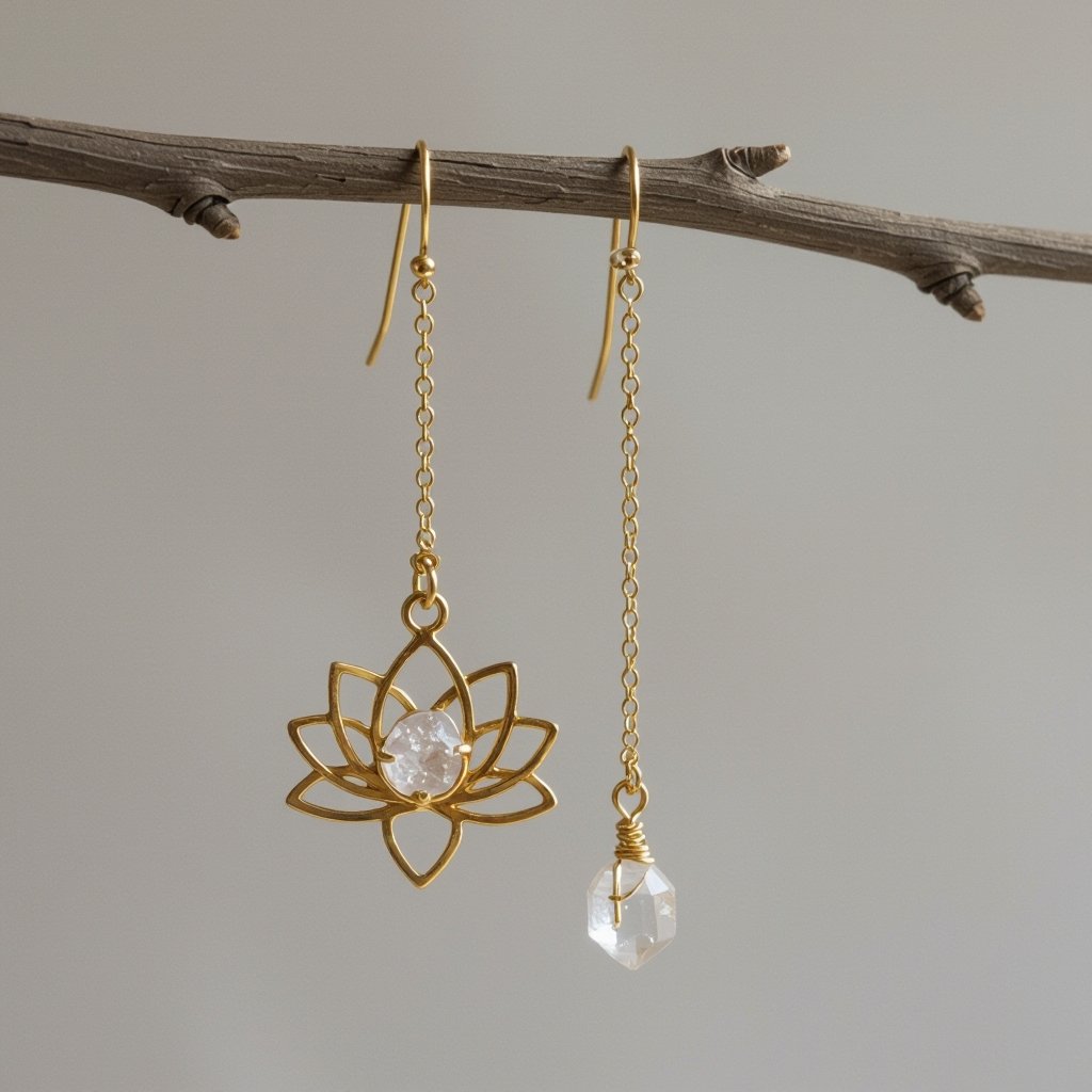 Серьги золото изящный маленький плоский лотос с необработанным маленьким хрусталем в центре, от лотоса идет золотая цепочка вниз с еще одним маленьким камушком хрусталя