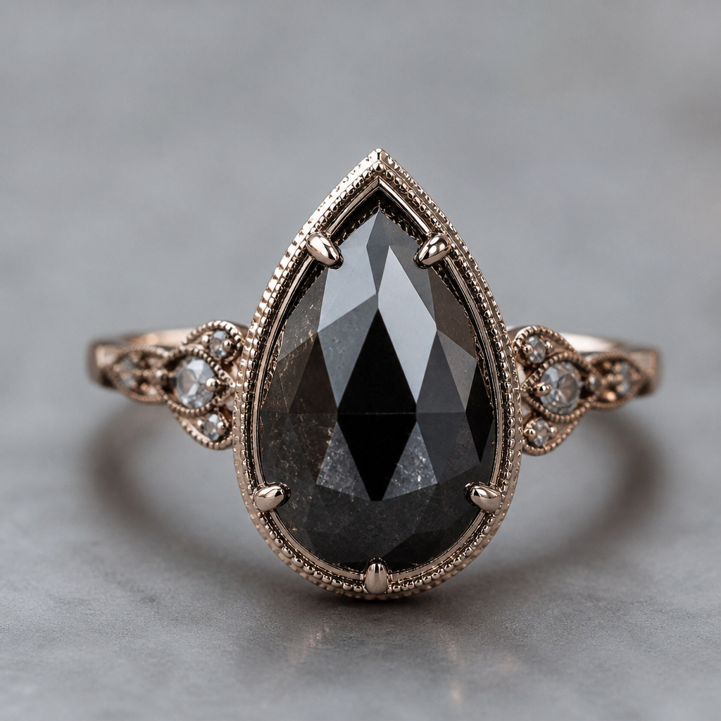 Vintage inspired 4ct pear rose cut black diamond ring.
photorealistic jewelry design, Vintage inspired 4ct pear rose cut black diamond ring. , vintage style, just the design no text