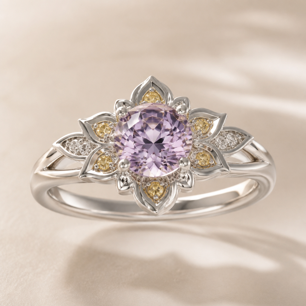 A asian-inspired women's ring made of white gold with diamond stones suitable for engagement. кольцо из белого золота по середине красивый бриллиант с фиолетовым оттенком ,по краям маленькие лепестки серебра и внутри маленькие бриллианты жёлтого цвета
photorealistic jewelry design, A asian-inspired women's ring made of white gold with diamond stones suitable for engagement. кольцо из белого золота по середине красивый бриллиант с фиолетовым оттенком ,по краям маленькие лепестки серебра и внутри маленькие бриллианты жёлтого цвета, asian_inspired style, just the design no text