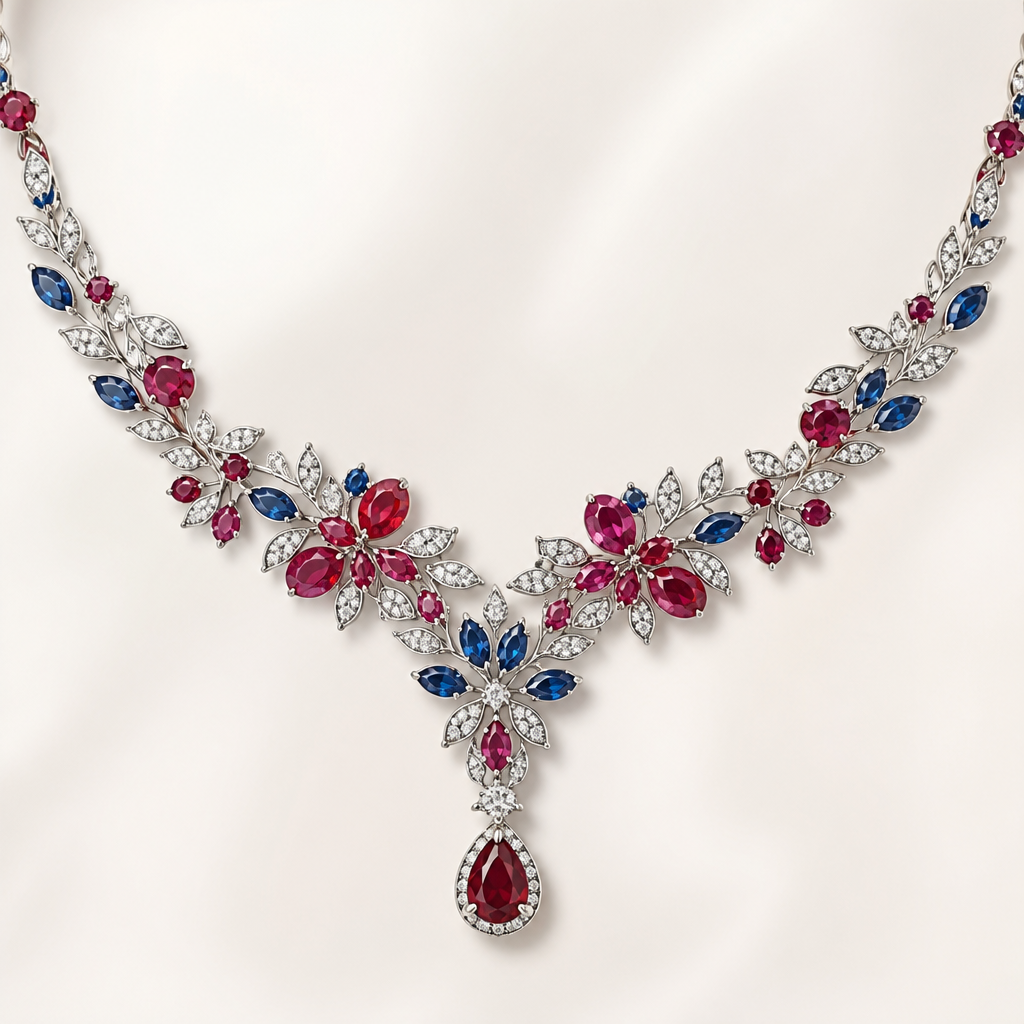 A nature-inspired women's necklace with ruby and sapphire stones suitable for wedding
photorealistic jewelry design, A nature-inspired women's necklace with ruby and sapphire stones suitable for wedding, nature_inspired style, just the design no text