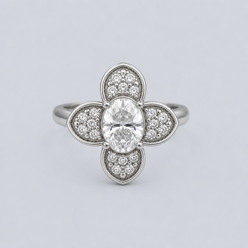 Make the centre stone smaller and the petals larger and not pointed
edit the attached jewelry design with these instructions: Make the centre stone smaller and the petals larger and not pointed. keep it photorealistic, just the design no text