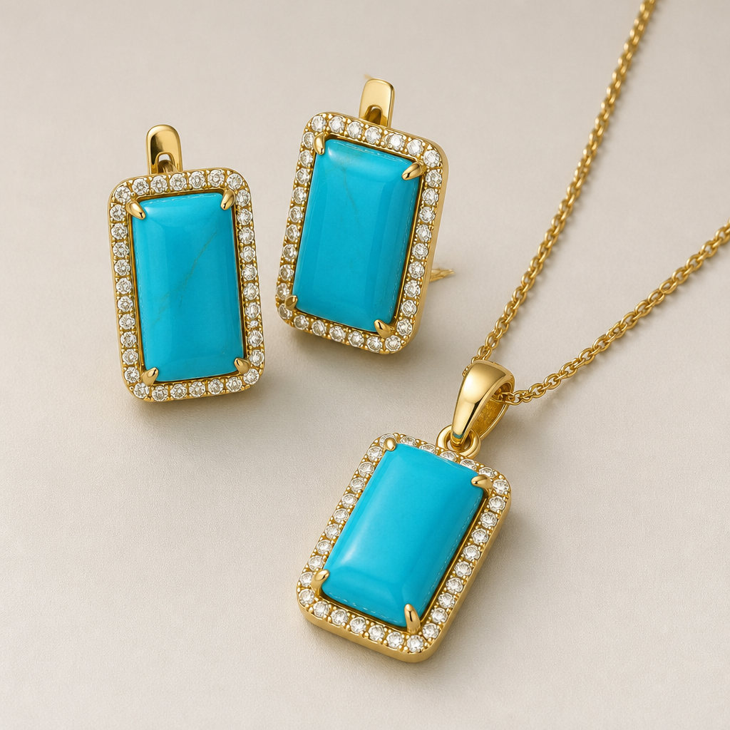 Design a pair of turquoise earrings surrounded by small diamonds. The turquoise should be of the highest quality, rectangular, and approximately 1.6 cm high by 1.2 cm wide. The metal should be yellow gold. The piece should reflect fine jewelry craftsmanship, with meticulous attention to the stone settings. Also, design a chain with a matching pendant to complement the earrings.
photorealistic jewelry design, Design a pair of turquoise earrings surrounded by small diamonds. The turquoise should be of the highest quality, rectangular, and approximately 1.6 cm high by 1.2 cm wide. The metal should be yellow gold. The piece should reflect fine jewelry craftsmanship, with meticulous attention to the stone settings. Also, design a chain with a matching pendant to complement the earrings., modern style, just the design no text