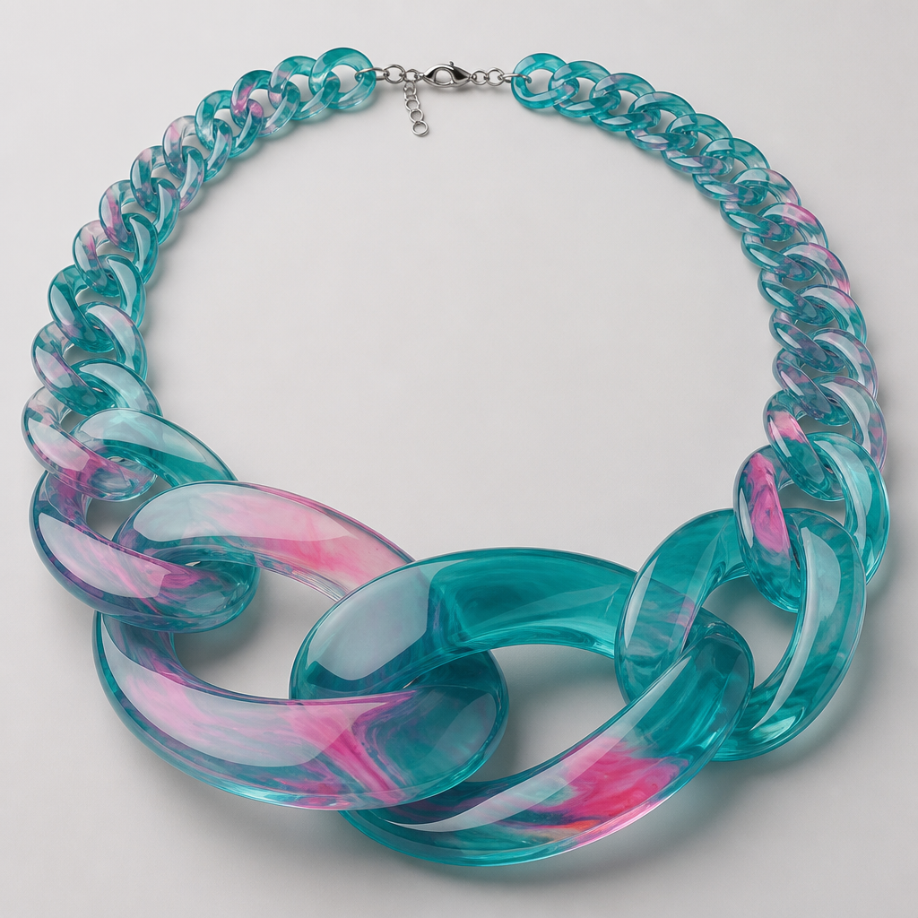 A women's necklace. create a chunky Cuban Link style plastic chain that is o graduated and exaggerated in the first front three links that is translucent a base color of teal with some pink swirls throughout it
photorealistic jewelry design, A women's necklace. create a chunky Cuban Link style plastic chain that is o graduated and exaggerated in the first front three links that is translucent a base color of teal with some pink swirls throughout it, modern style, just the design no text