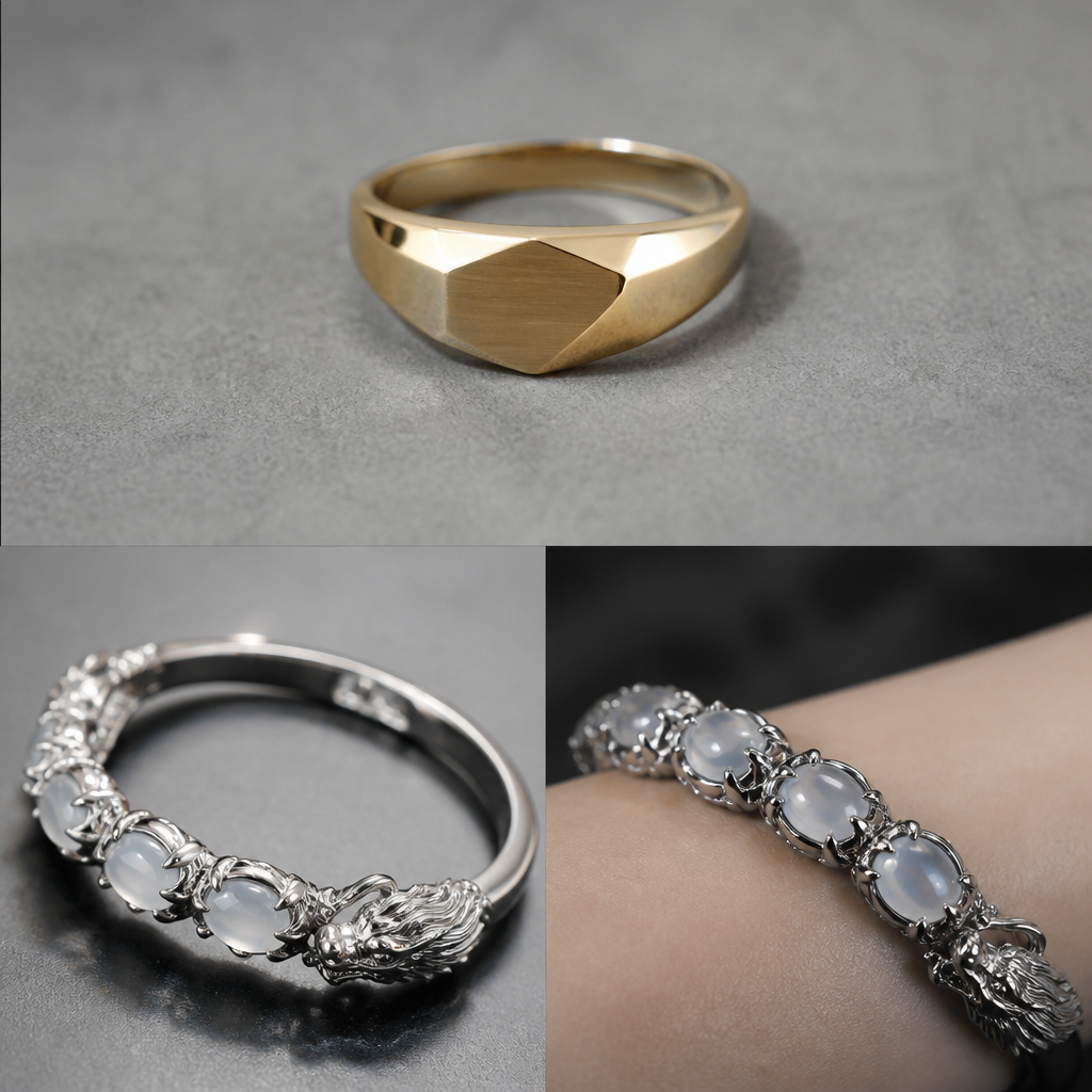 A geometric men's ring made of gold suitable for daily wear, minimalist, simple and delicate, clean lines. 龍的造型手鍊,龍爪抓住5顆高品質白翡翠蛋面,18K白金鑲嵌,線條要流暢,整體要有質感,戴起來要平順不刺手
photorealistic jewelry design, A geometric men's ring made of gold suitable for daily wear, minimalist, simple and delicate, clean lines. 龍的造型手鍊,龍爪抓住5顆高品質白翡翠蛋面,18K白金鑲嵌,線條要流暢,整體要有質感,戴起來要平順不刺手, geometric style, just the design no text