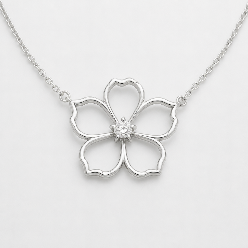 A women's necklace made of silver. hibicus ligne fine et delicat ,diamand dans le milieu, interieur de la fleur vide, plus detail, 5 petales chaine de chaque coté
photorealistic jewelry design, A women's necklace made of silver. hibicus ligne fine et delicat ,diamand dans le milieu, interieur de la fleur vide, plus detail, 5 petales chaine de chaque coté, modern style, just the design no text