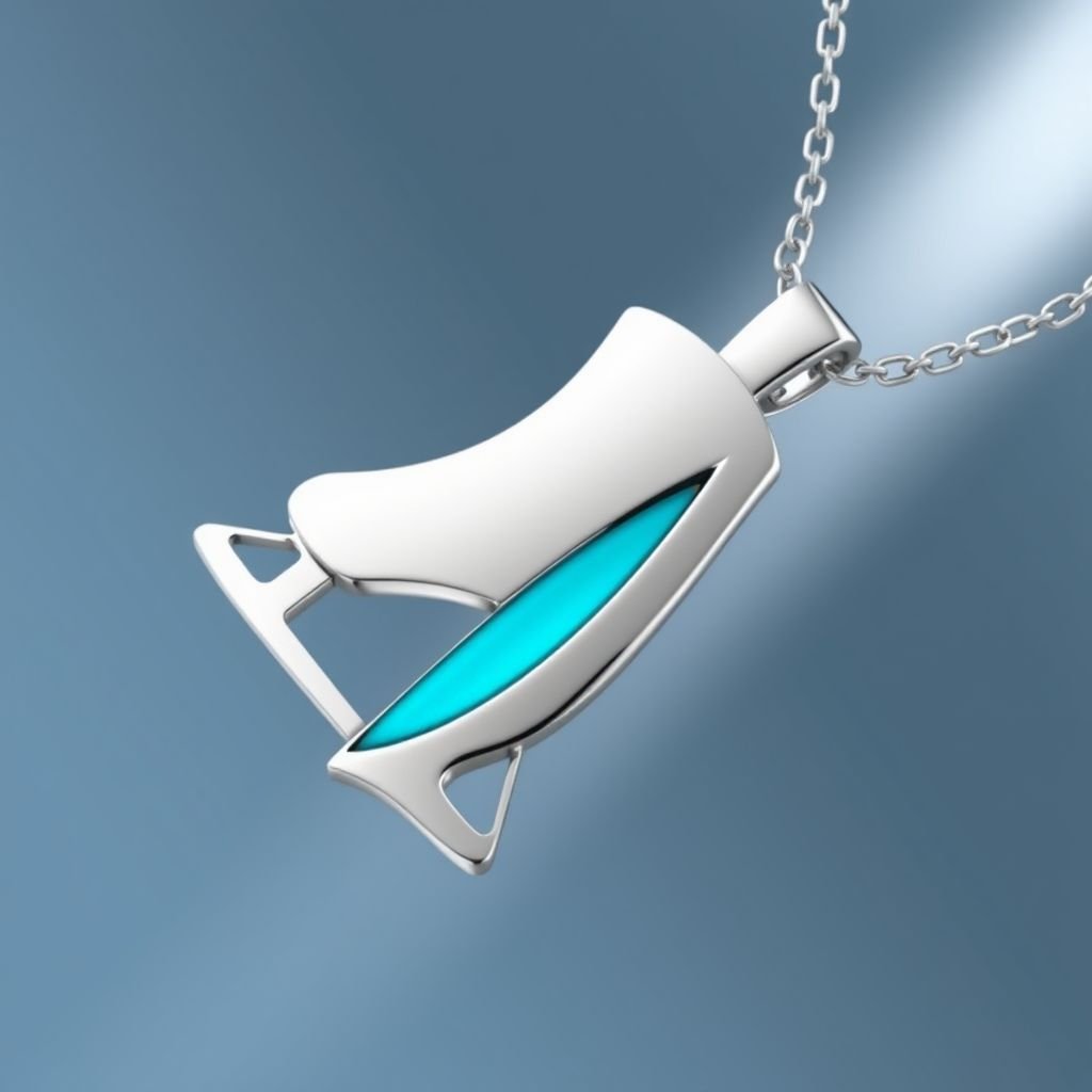 Silver neckless of stylized ice skating’s blade (one) with a stripe of turquoise inside the blades